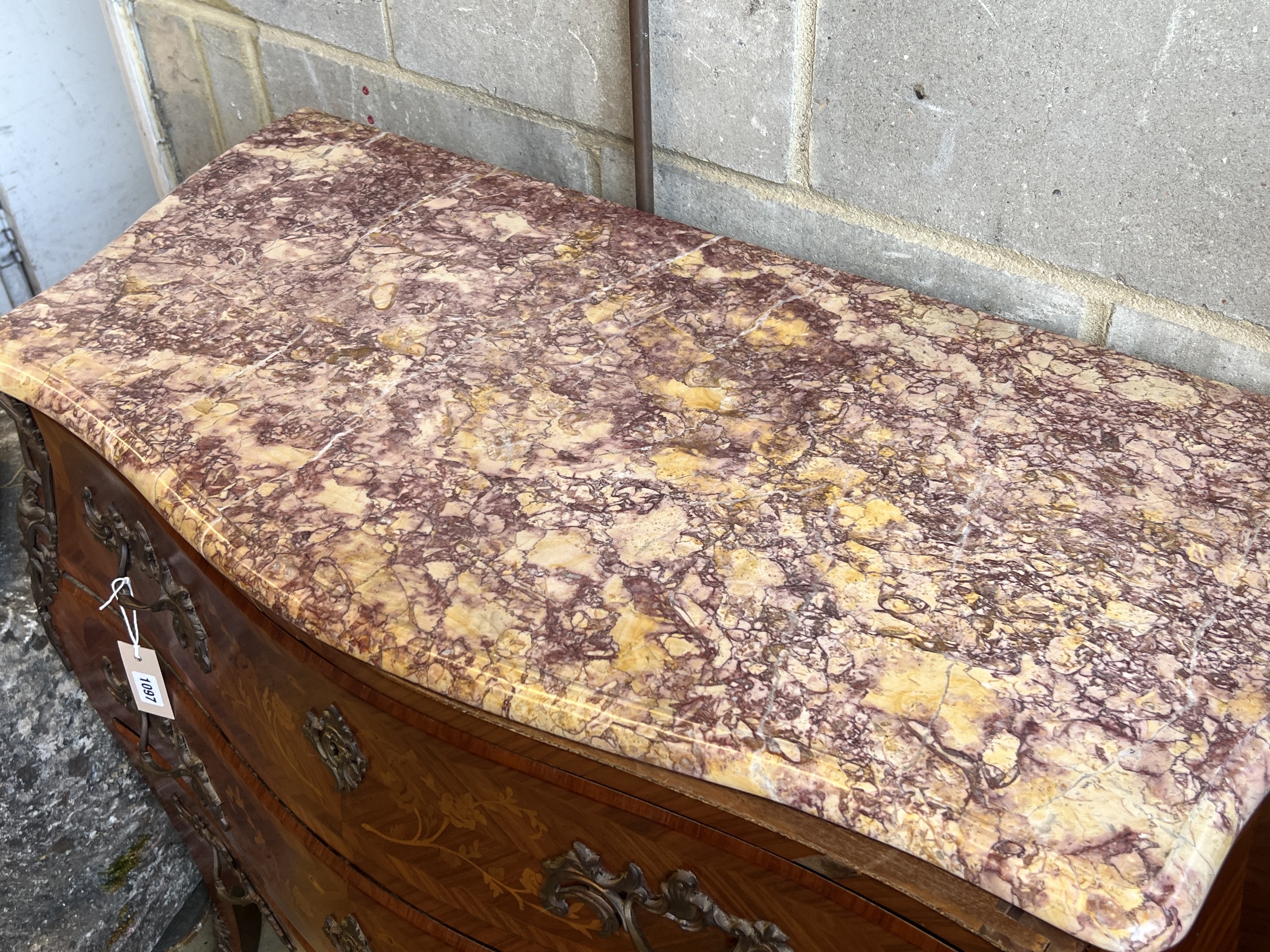 A Louis XV style marquetry inlaid kingwood marble top bombe commode, width 104cm, depth 46cm, height 88cm